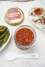 Wild Premium Keta Salmon Roe — open jar showing bright orange roe
